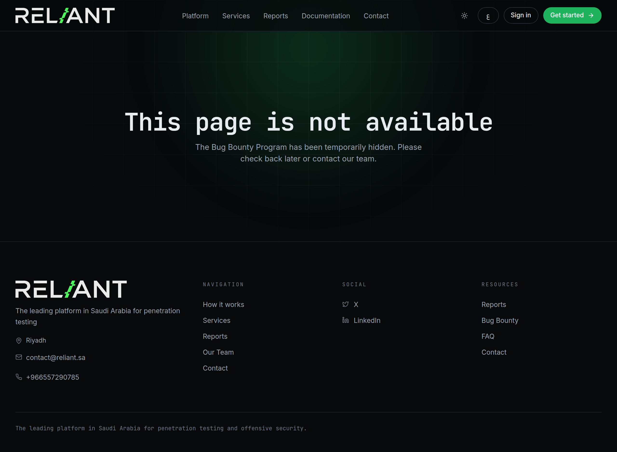 Bug Bounty Program page on reliant.sa