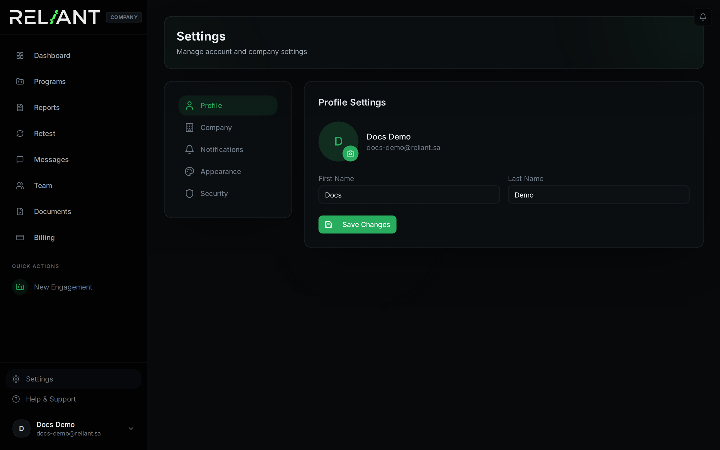 Settings page
