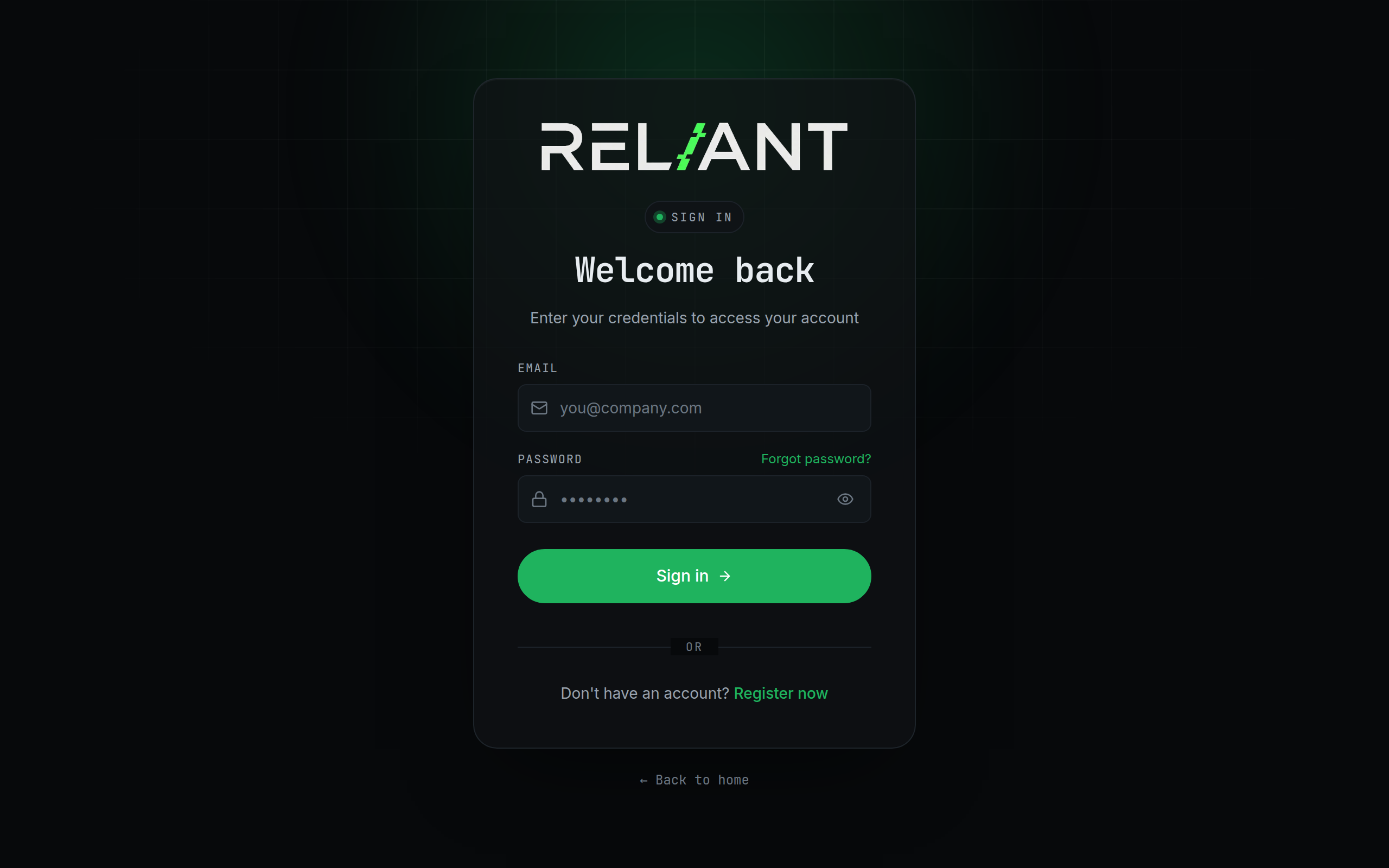 Login screen on reliant.sa